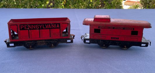 Vintage American Flyer Prewar O Gauge Tinplate Railroad Cars Caboose & Hopper