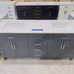 “72” Brand New Beautiful Bathroom Vanity in Marine Gray double sink, Soft Close Solid Wood, 5 drawers and 4 doors and electrical outlets included