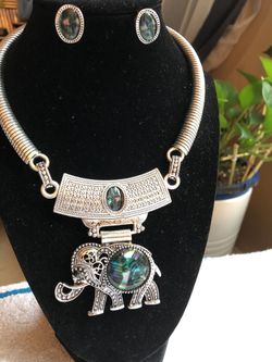 Women Tibetan Silver Turquoise Elephant Pendant Necklace and Earring Set