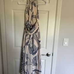 Aconiconi women’s beige and blue printed sleeveless maxi dress