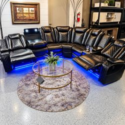 Black Leather Power Reclining Sectional Sofa with LED Lighting