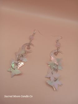 Delicate Rose Quartz Moon And Holographic Butterfly Dangle Earrings 