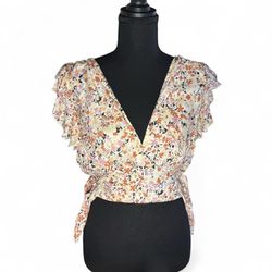 Free People Floral Flutter Sleeve Wrap Crop Top Smocked Back Womens size Medium