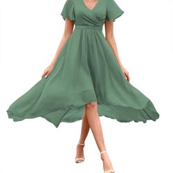 Dusty Green Pleated High Low Bridesmaid Dress