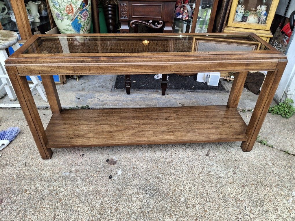 Nice VINTAGE DANISH MODERN TEAK WOOD CONSOLE TABLE WITH SMOKE BROWN GLASS CENTER PIECE