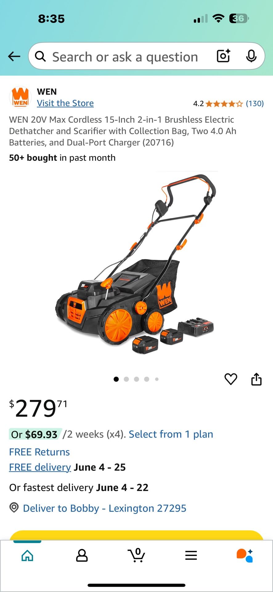 WEN 20V Max Cordless 15-Inch 2-in-1 Brushless Electric Dethatcher & Scarifier With Collection Bag