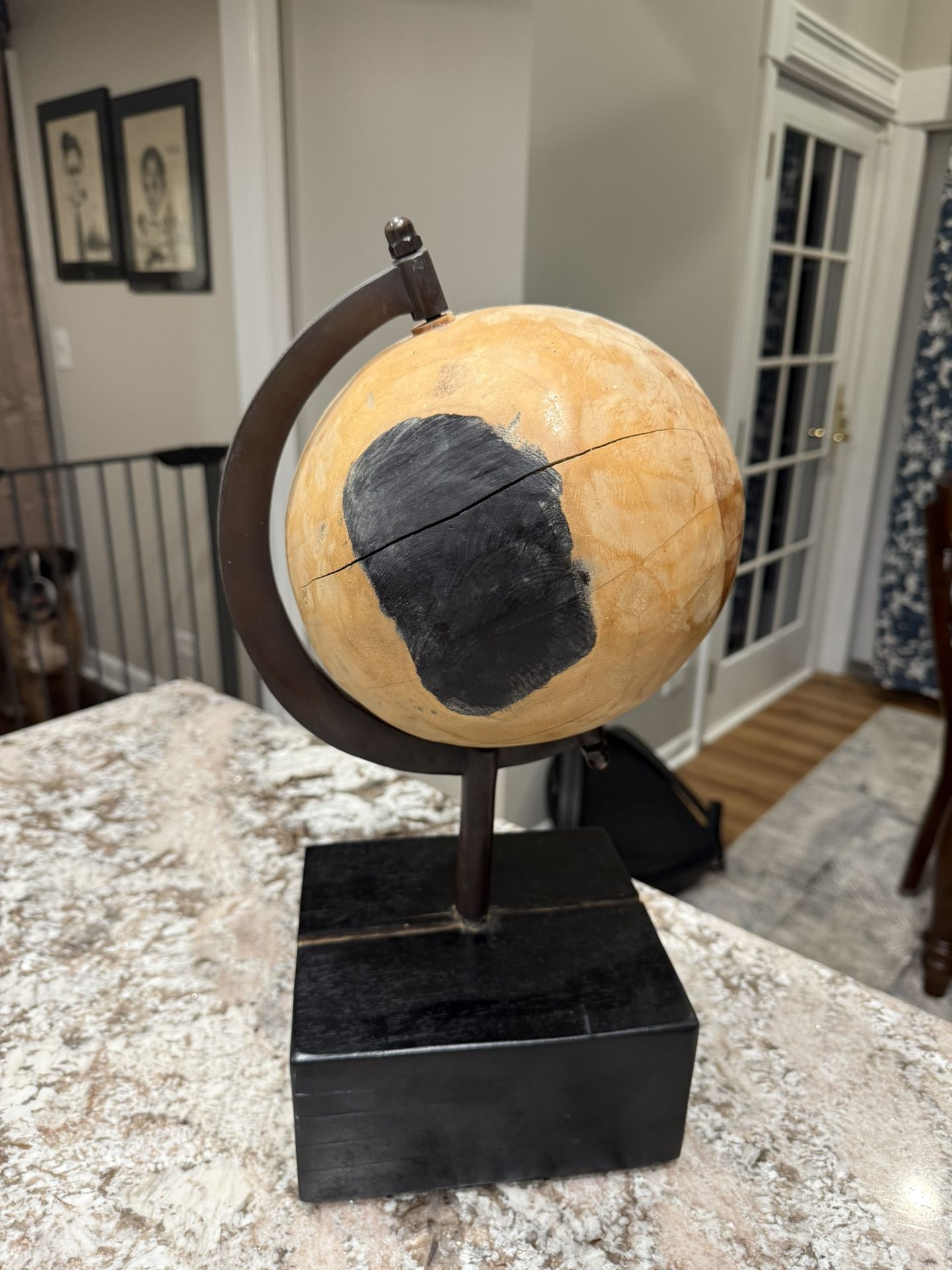 Handcrafted Wooden Globe Sculpture – Earth-Inspired Art on Black Base