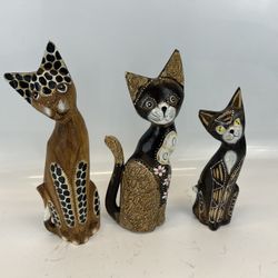 3 Wooden Cat Statues 