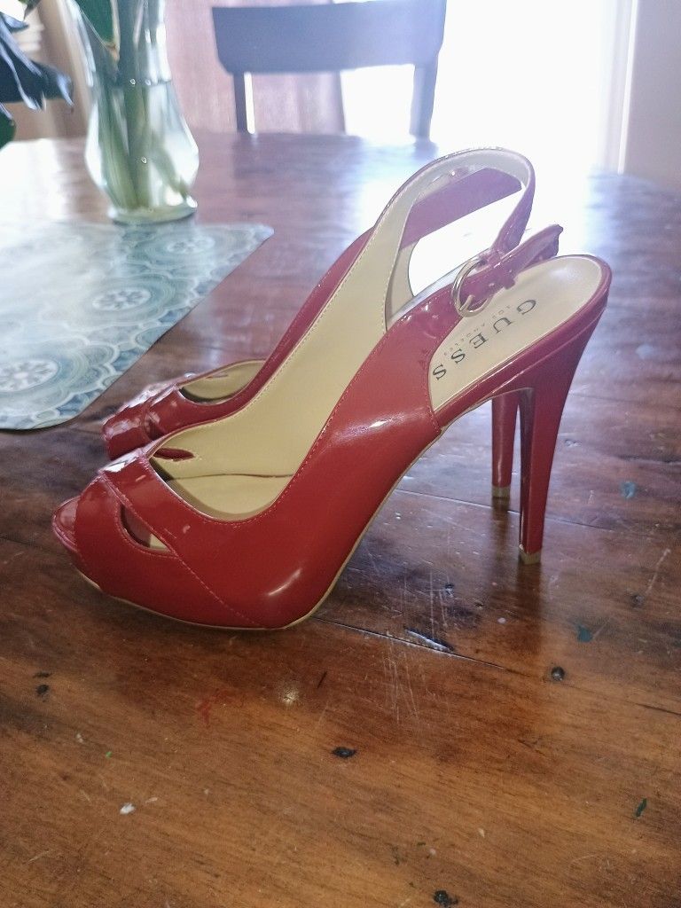 Guess Jelani Patent  Coral Red Peep Heels 9
