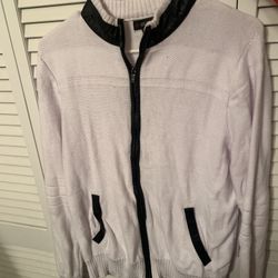 Guess Sweater Men’s Medium White Black Full Zip Knit Jacket Pockets Casual 