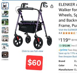ELENKER All Terrain Rollator Walker for Seniors with 10” Wheels, Sponge Padded Seat and Backrest, Fully Adjustment Frame, Purple