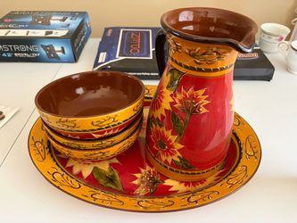 Sunflower red and gold dishware set (4 bowls, 1 platter, 1 handled pot)