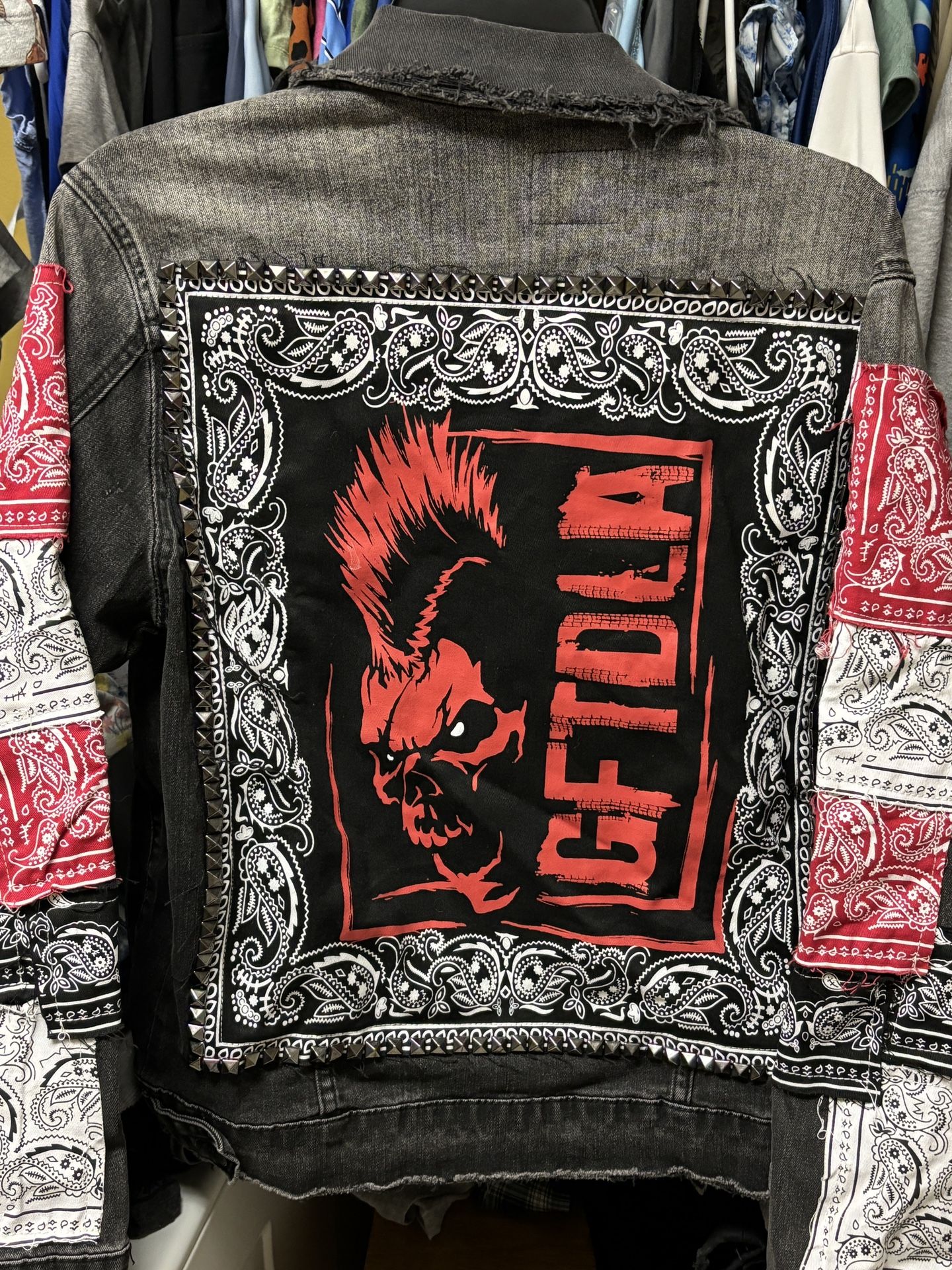 GFTO LOS ANGELES Black Skull and red bandanna Denim Jacket