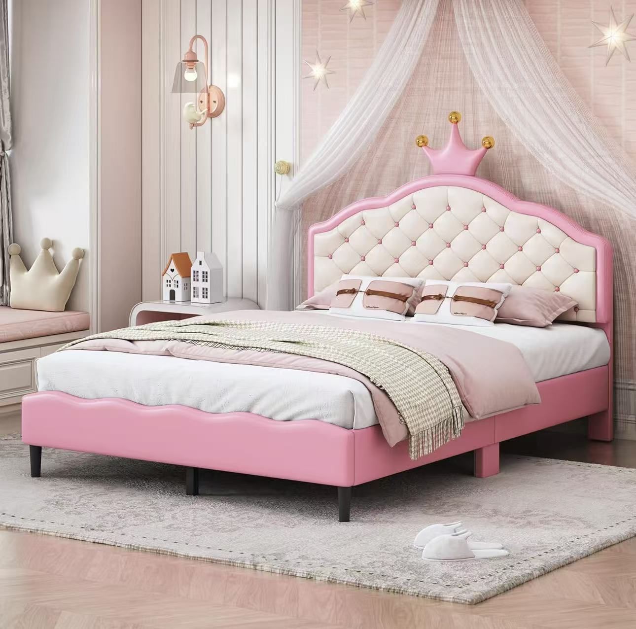 Full Size Upholstered Bed Frame, Princess Bed Frame with Crown Tufted Headboard for Kids Bedroom, No Box Spring Needed, Pink