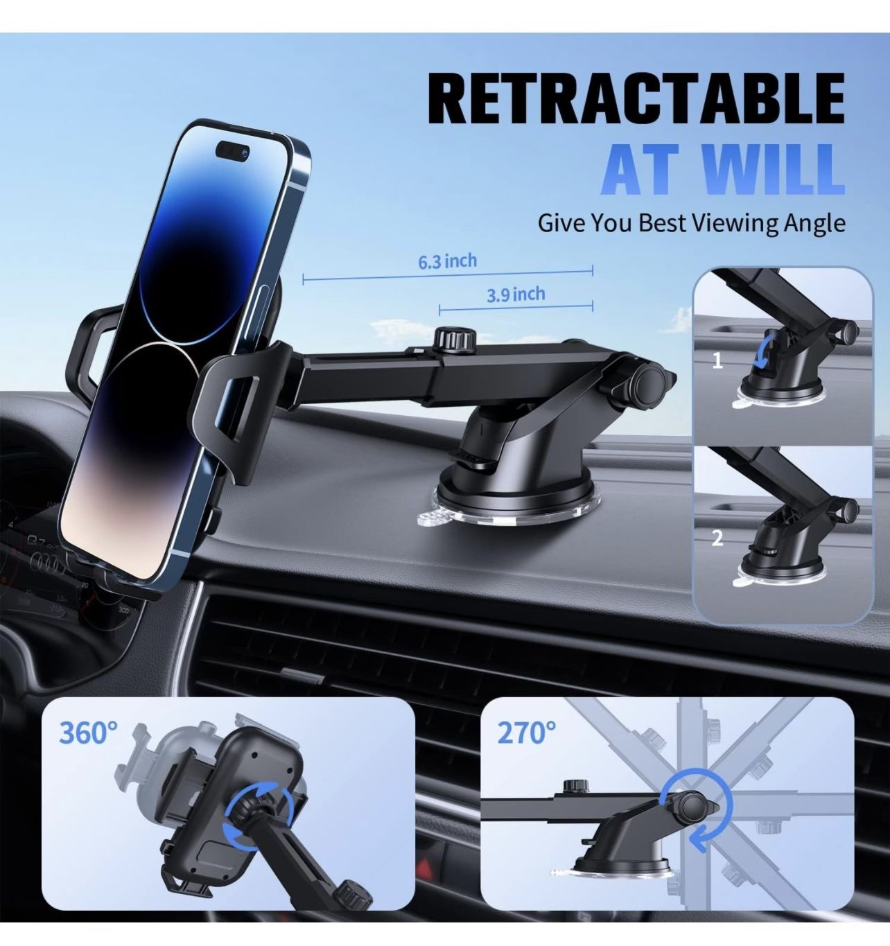 BRAND NEW IN BOX SUUSON  Holder Mount【Upgraded】-【Bumpy Roads Friendly】mount Car Dashboard Windshield Air Vent 3 in 1,Hand Free