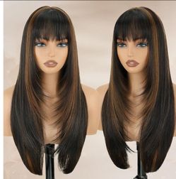 Long Straight Layered Synthetic Wig with Bangs Dark Brown Highlight 26"