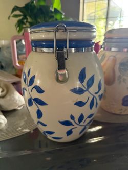 Ceramic Canister with Blue Leaf Pattern