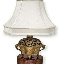 Antique Asian Dragon Bronze Brass Rosewood Base Lamp With Shade