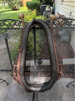 Antique leather collar w/ black steel padded rings rounded brass knobs or  balls at top decorative vintage Rusty Americana farmhouse western wall deco