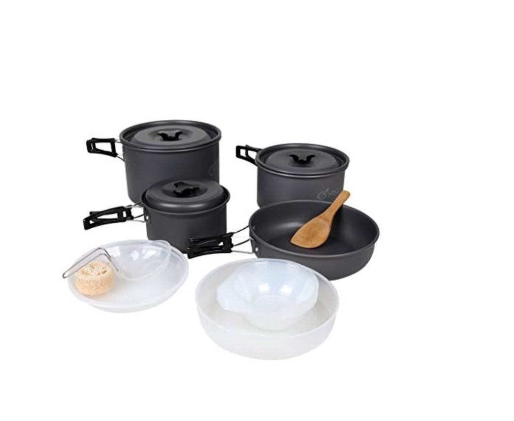 Odoland 18pcs Camping Cookware Large Size Hanging Pot Pan Kettle Set with Plastic Plates Bowls Soup Spoon for Camping, Backpacking, Outdoor Cooking an