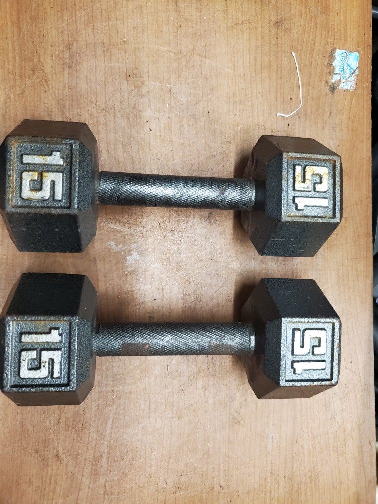 (2) 15LB Metal Hex Dumbbells