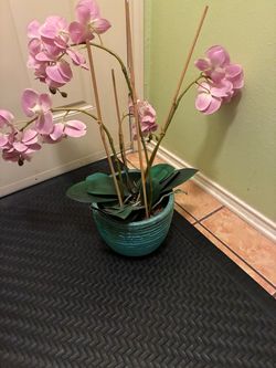 Faux Pink Orchid in Teal Ceramic Pot