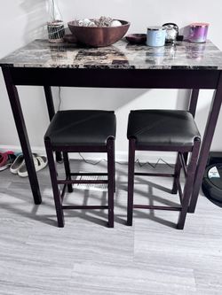 Marble Top Bar Height Table And 2 Stools.