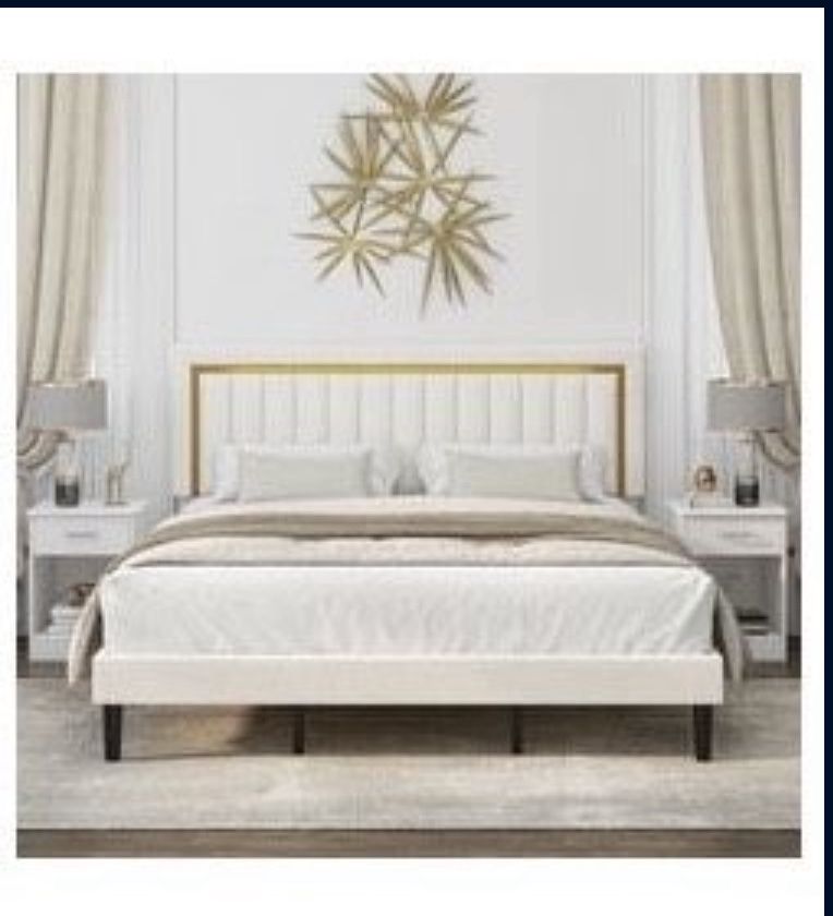 Queen Bed Frame/headboard - Suede Off White/gold