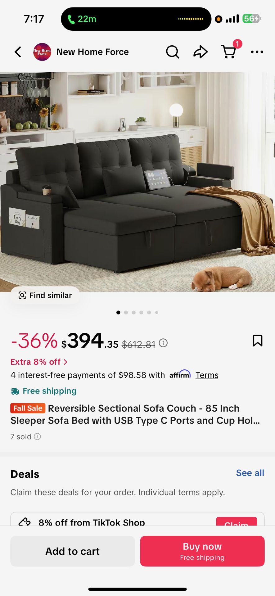Reversible Sectional Sofa Couch 85in
