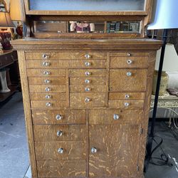Antique Tiger Oak Dental Cabinet With Lots Of Antique Dental Accessories 