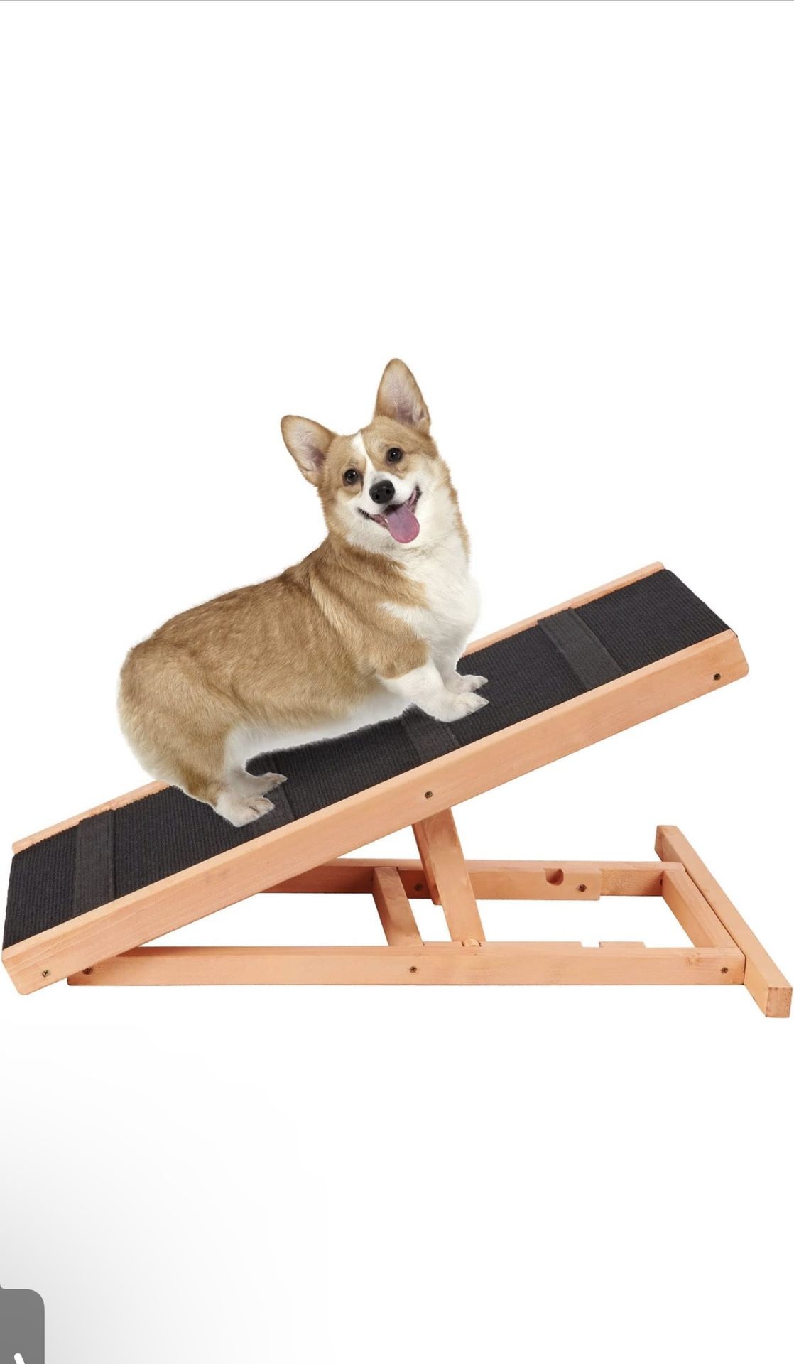 Wooden Height Adjustable Pet Ramp for Dogs and Cats, 2 Layers from 12 - 16 inch with Non Slip Carpet Surface and 4 Self-Adhesive Anti-Skid Mat, Foldab