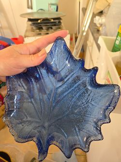 2 vintagw Cobalt Blue Glass Leaf Dish