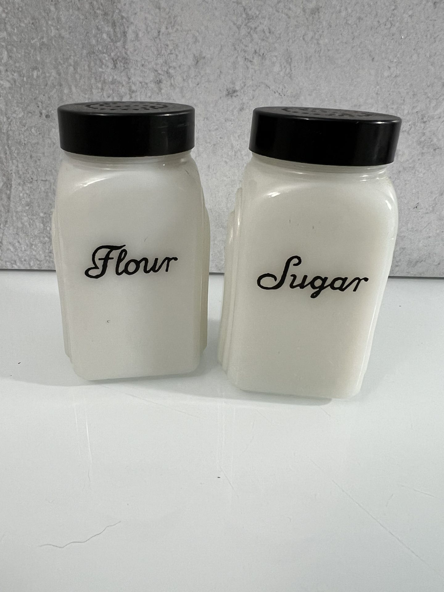 McKee Flour and Sugar Shakers Milk Glass Art Deco Arch Vintage