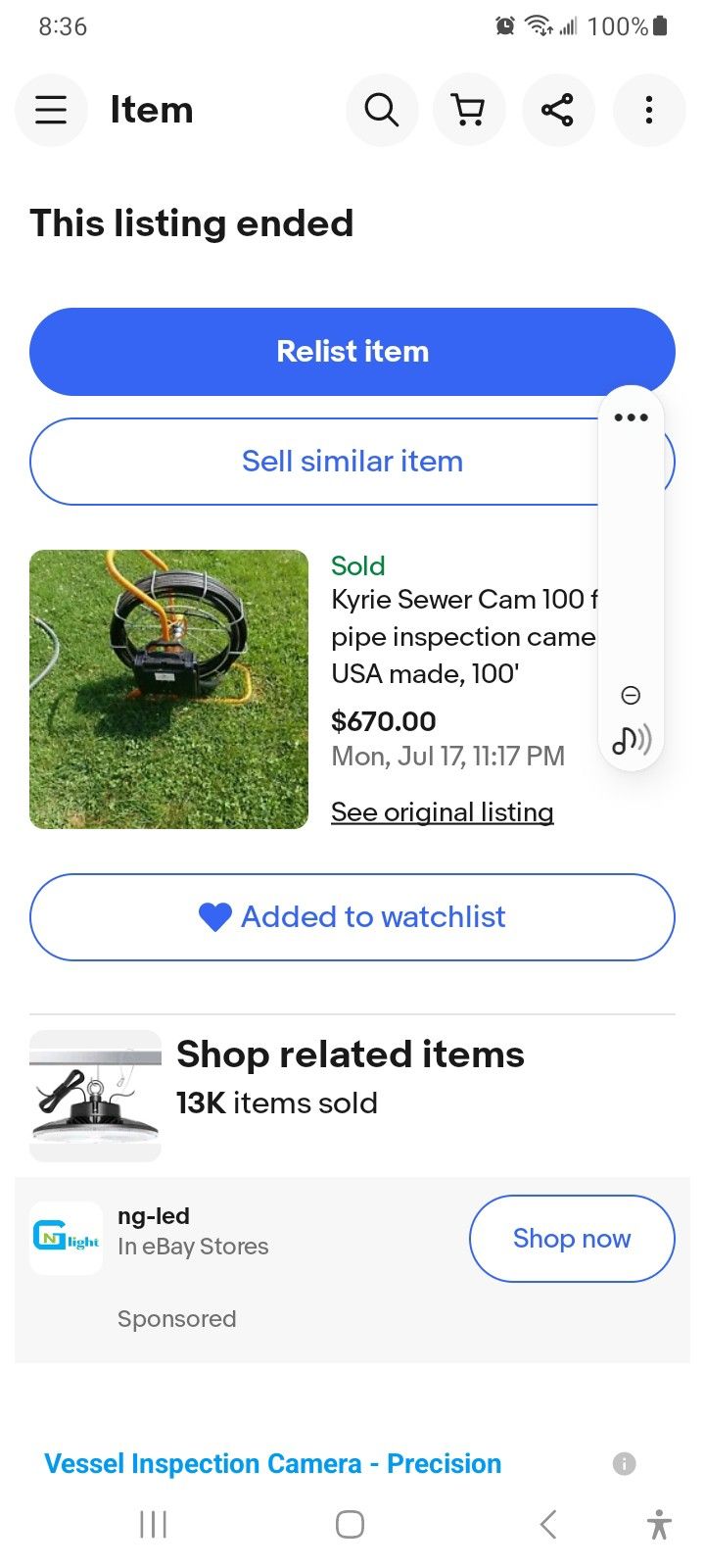 Kyrie Sewer Cam 100 ft, pipe inspection camera, USA made