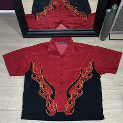 Y2K 2000s No Boundaries Flame All Over Print Button Up Shirt
