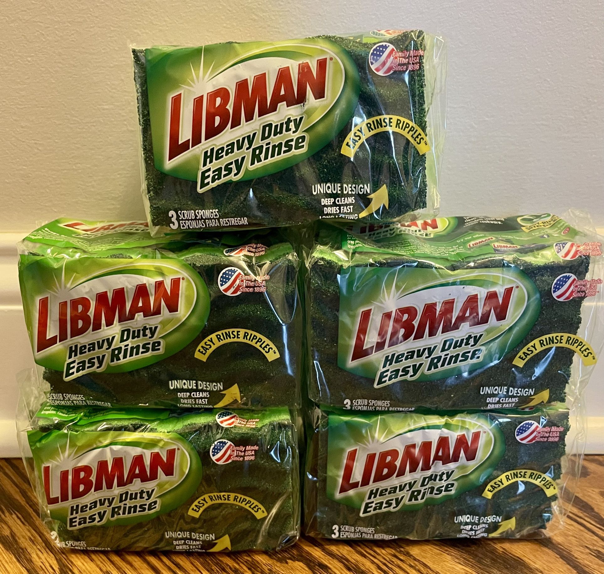 5 x Libman Heavy-Duty Easy-Rinse Cleaning Sponges (3 count) (15 Sponges Total)