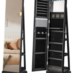 6 LEDs Lockable Mirror Jewelry Cabinet, 360° Swivel Jewelry Organizer, Standing Jewelry Armoire, Frameless Full-Length Mirror, 3 Storage She