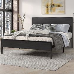 Queen Size Heavy Duty Bed Frame with Black Oak Headboard, Engineered Wood, 12'' 
