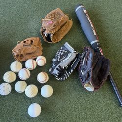 BOYS AGE 4-13 BASEBALL GLOVES (4), BAT AND BASEBALLS