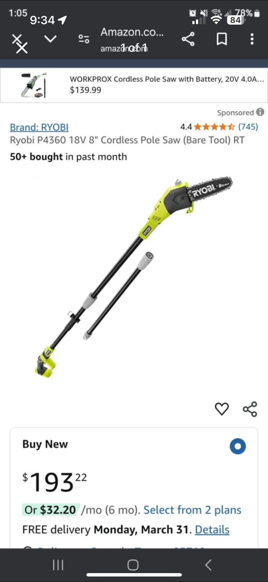 Ryobi Cordless Pole Saw 16v