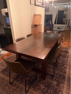 Solid wood industrial dining table with 6 chairs