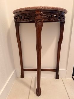 Carved Wood Side Table with Marble Top