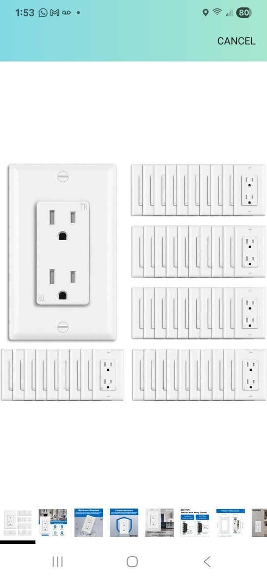 BESTTEN 50 Pack 15 Amp Decorator Receptacle Outlet, Tamper Resistant Receptacle, Residential and Commercial Use, Wallplate Included, 15A/125V/1875W, W