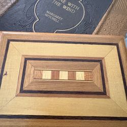 vintage wooden keepsake box features intricate marquetry and inlaid banding techniques