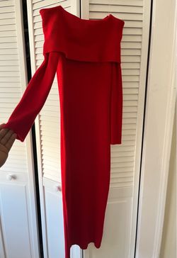 Red Ribbed Knit Off-Shoulder Midi Dress