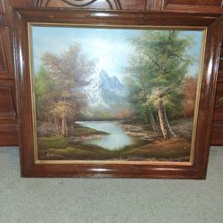 Original Landscape Painting On Vtg Wood Frame, 