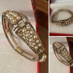 Pulsera Laminada Gold Filled Perla Piedras Baquelita Joyería Antigua 