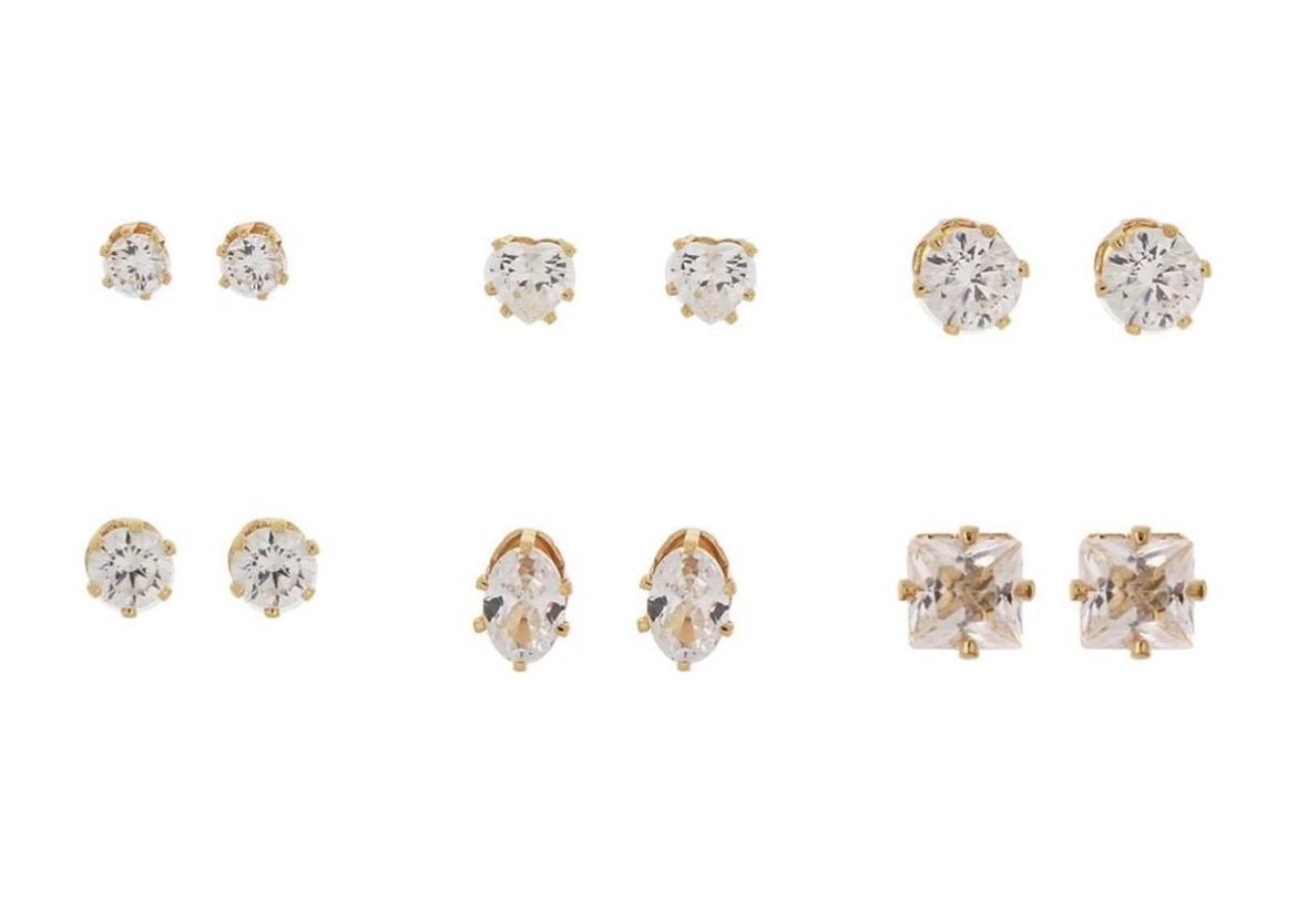 Time and Tru Jewelry Essentials Simulated Diamond Stud Earrings, 6-Pack