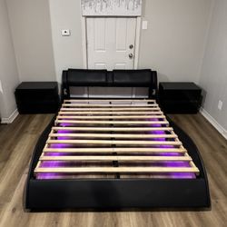 Queen Bed Frame with LED Lights & 2 Nightstands