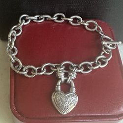 925 Sterling Silver Link Bracelet W/genuine All Pave Diamonds Heart ❤️ Charm. Size 7.5 In. 💎 Diamond Tested And Hallmarked , Gorgeous! 